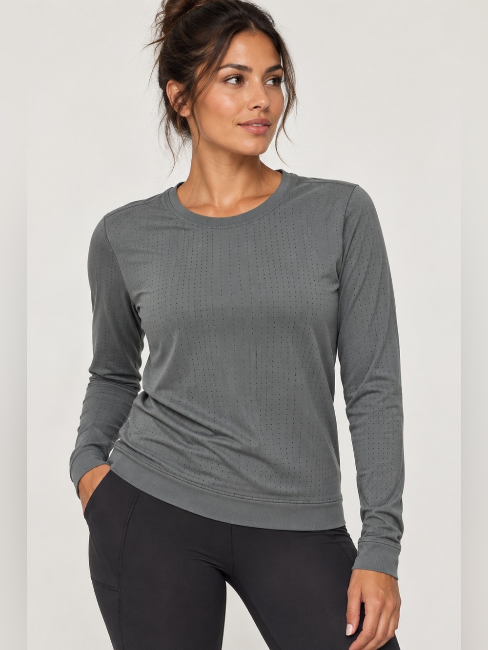 Athleta In Motion Top Long Sleeve Gray Perforated Lightweight Base Layer L